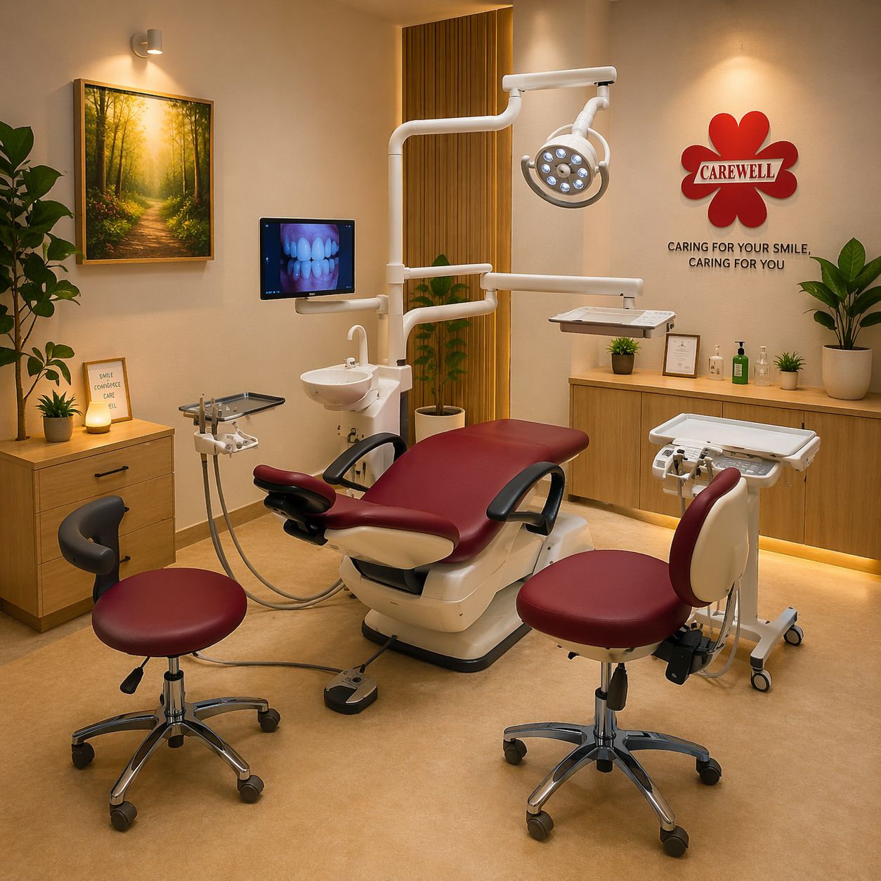 Luxury dental clinic reception with stone textures and gold accents